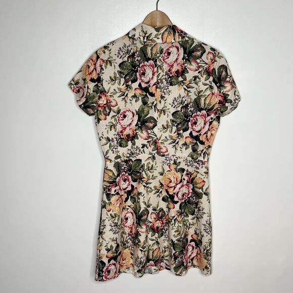 Olivaceous Womens Linen Blend Short Sleeve Mini Shirtdress Medium Cream Floral - Picture 8 of 10